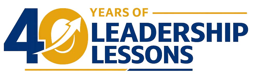 Logo celebrating 40 years of leadership lessons, featuring the number '40' in bold with an arrow design, and the text 'Years of Leadership Lessons' in blue and yellow.